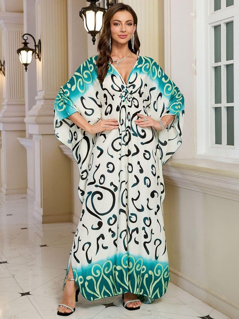 KEYLORTING Women’s Kaftan Beach Cover Up Dress Plus Size Summer Swimsuit Loungewear Maxi Dress - Image 3